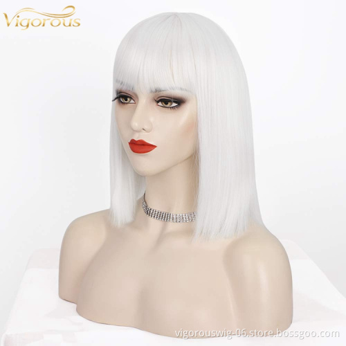 White Synthetic none Lace Front Wig Women's Short Straight Bob Wigs With Neat Tidy Bangs High Temperature Fiber Middle Part